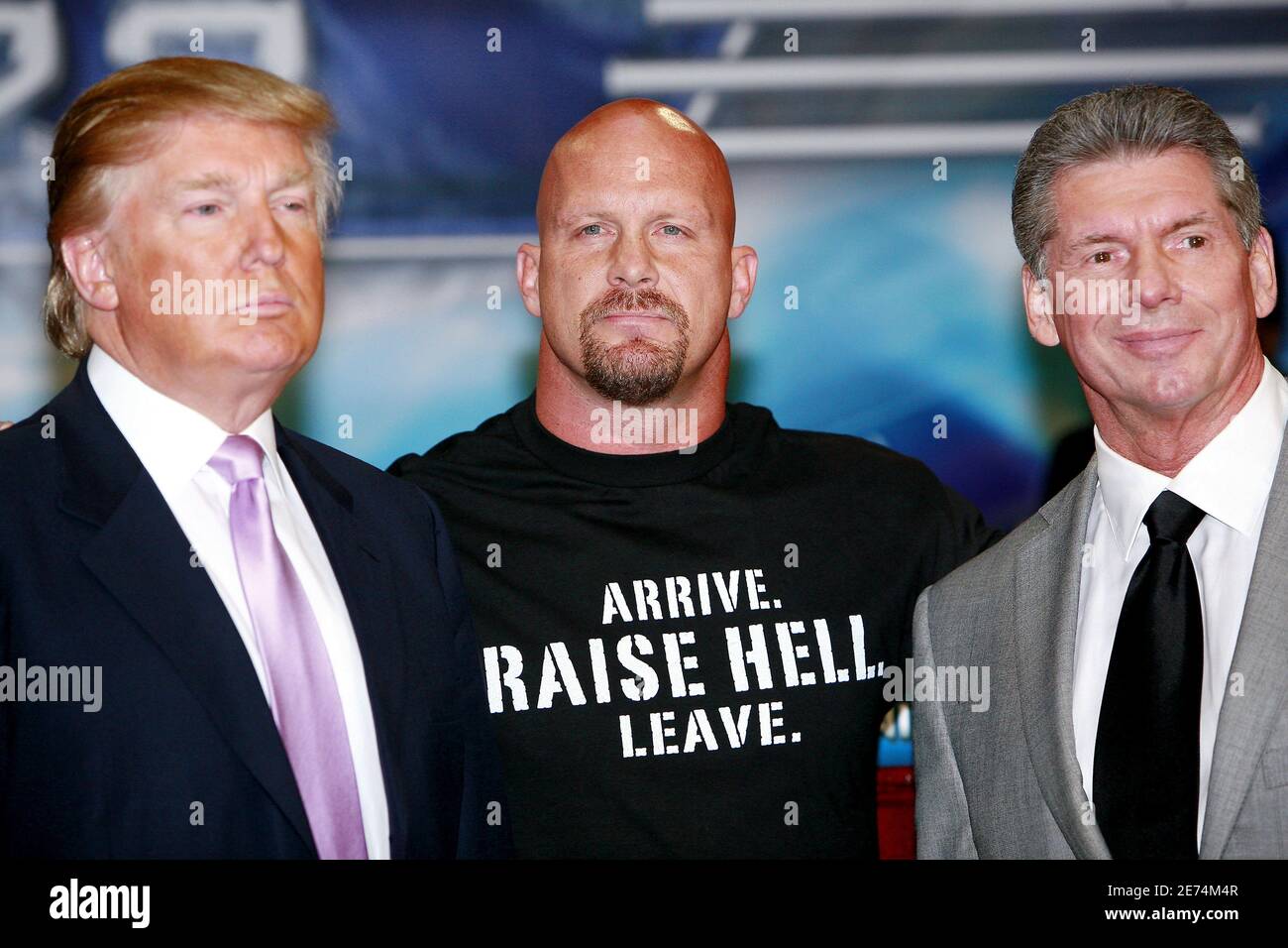 Donald Trump, wrestler Stone Cold Steve Austin and WWE Chairman Vince McMahon attend the press conference held by Battle of the Billionaires to announce the details of Wrestlemania 23 at Trump Tower on March 28, 2007 in New York City. If Donald Trump's designated wrestler Bobby Lasley wins, Trump will shave off Vince MacMahon's hair. If McMahon's wrestler wins, Trump will have his hair shaved off live by McMahon. Photo by Gerald Holubowicz/ABACAPRESS.COM Stock Photo