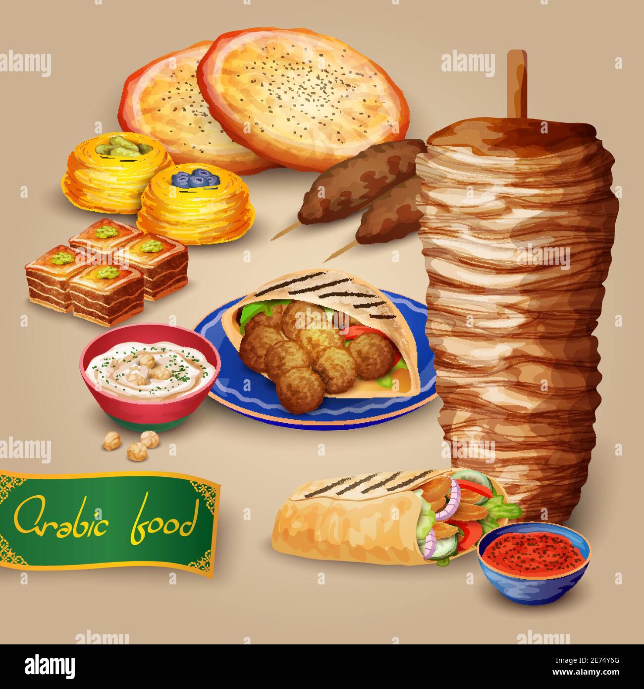 Arabic food set with shawarma kebab hummus and pita cartoon vector
