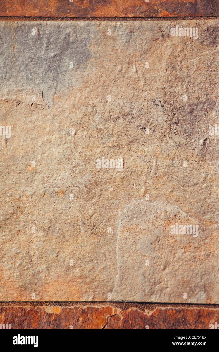 Ceramic beige tile background, travertine texture imitation. Stock Photo