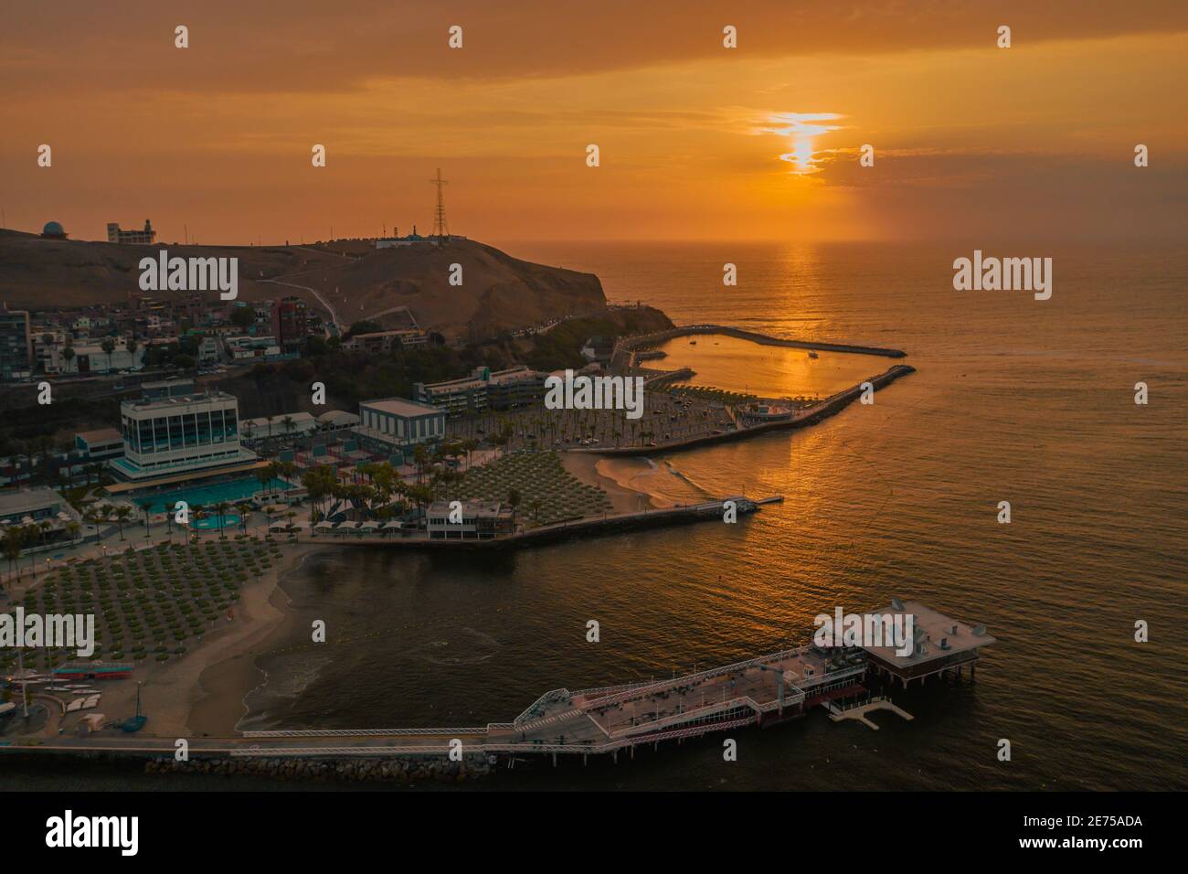 Aerial view sunset beach club in the district of Chorillos in Lima. Club Regatas. Stock Photo