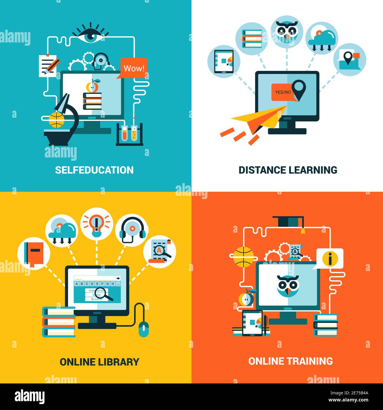 Online education design concept with flat icons composition of ...