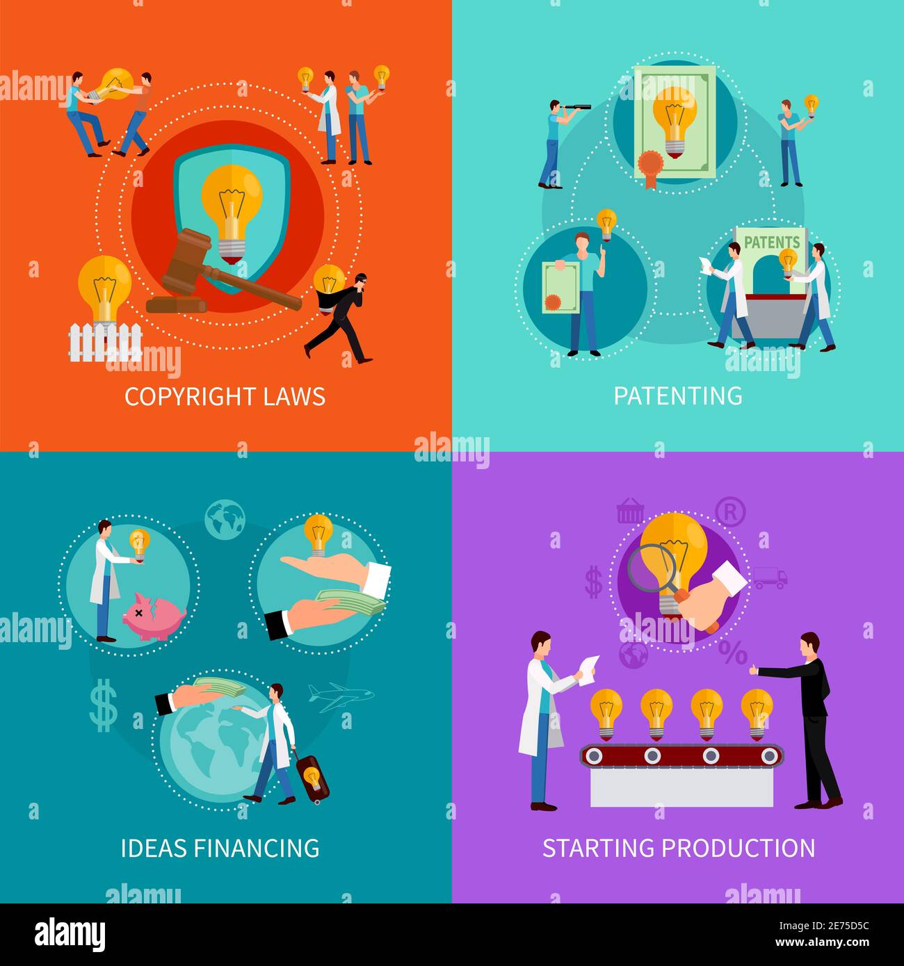 Intellectual property design concept set with patenting copyright and financing ideas symbols vector illustration Stock Vector