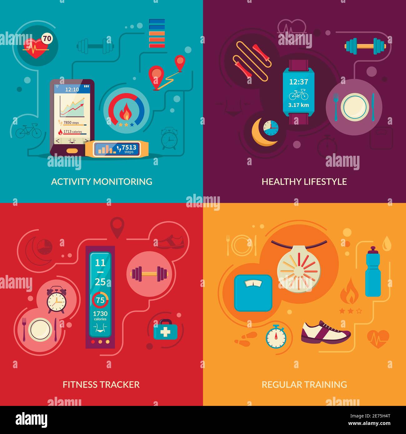 Fitness tracker 2x2 design concept set with healthy lifestyle regular ...