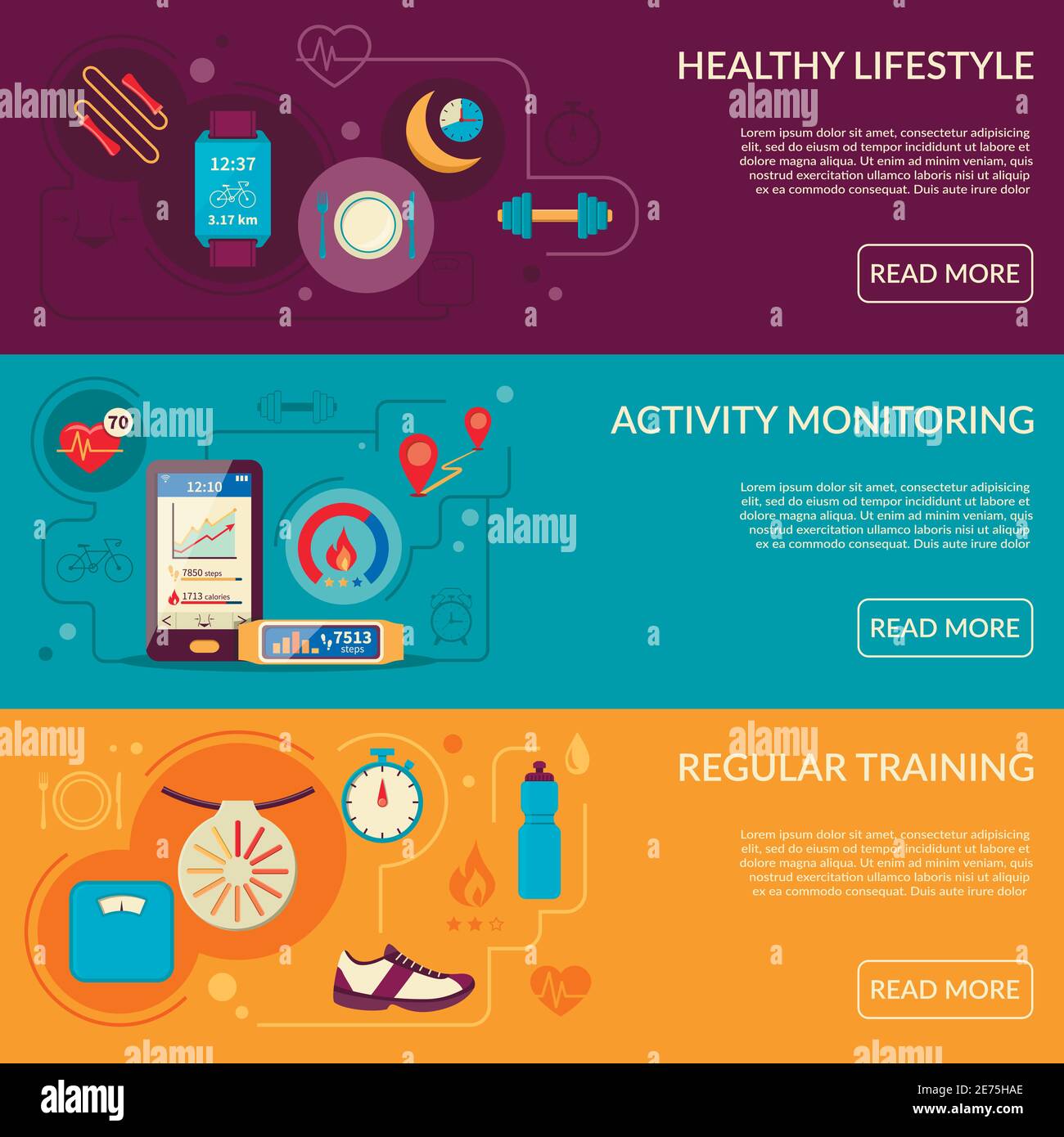 Fitness tracker flat horizontal banners with modern wearable technology ...