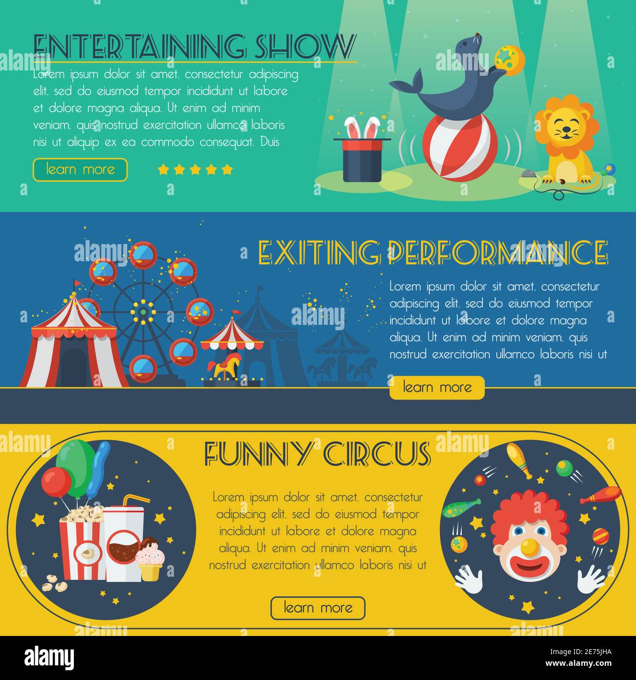 Circus horizontal banner set with exciting performance isolated vector ...