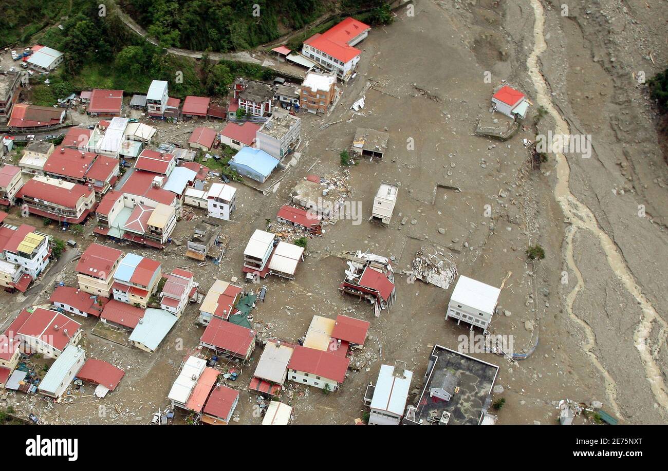 An aerial photograph shows the landslide affected village of Namashia following Typhoon Morakot in Kaohsiung county, southern Taiwan August 14, 2009. REUTERS/Su Sheng-bin/Pool (TAIWAN DISASTER ENVIRONMENT) Stock Photo