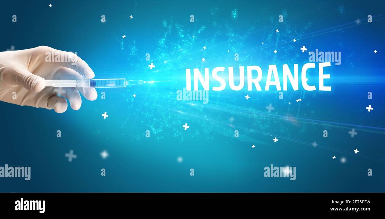 Syringe, medical injection in hand with INSURANCE inscription, medical ...