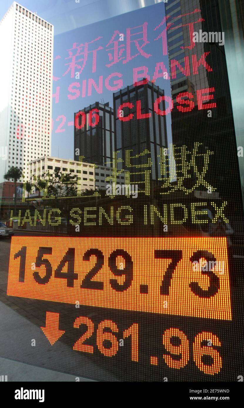 A panel displaying the closing Hang Seng Index is shown with a reflection  of business buildings in Hong Kong February 3, 2006. Hong Kong stocks slid  on Friday, suffering their biggest loss