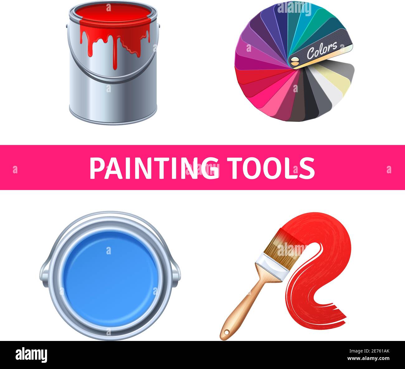 Painting tools realistic set with color range brush and can isolated vector illustration Stock