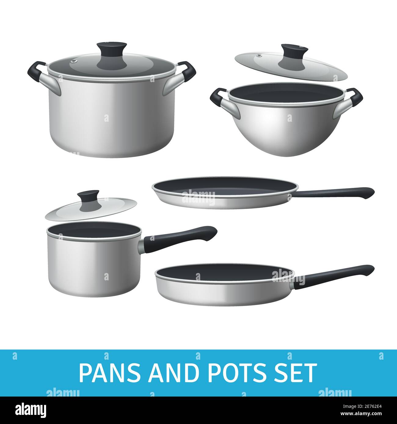 Pans and pots realistic set with frying pan saucepan and bowl isolated