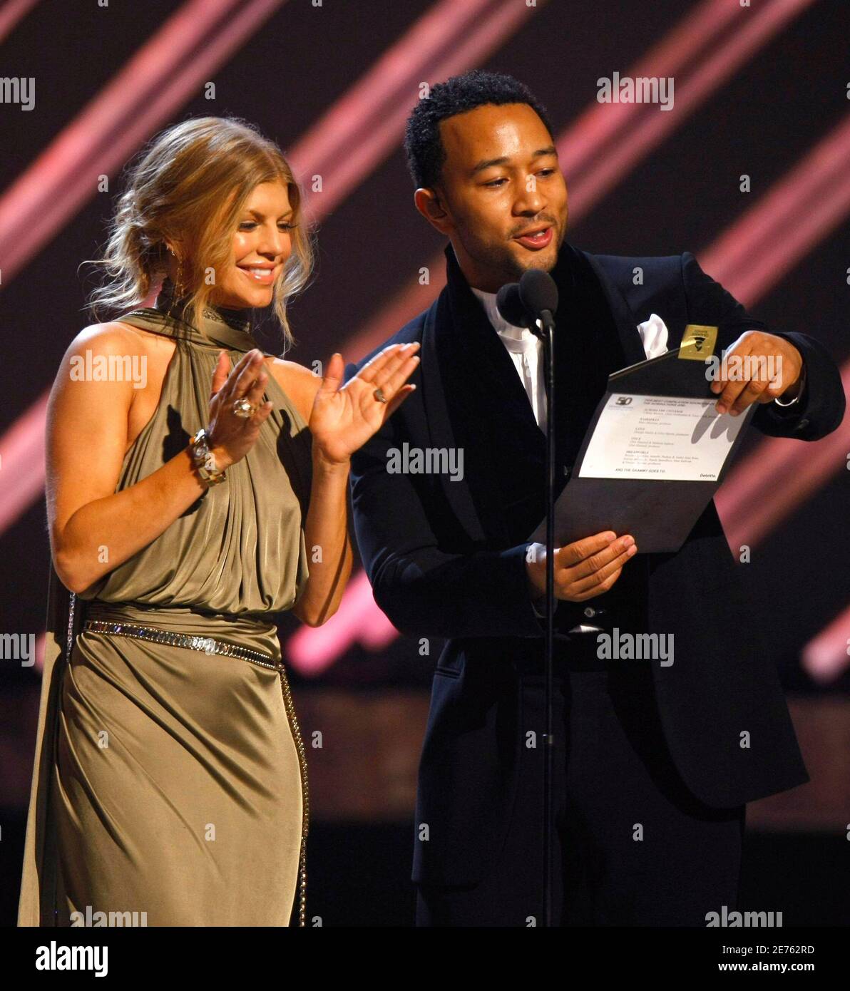 Fergie and John Legend announce the Grammy for the Best Compilation  Soundtrack Album winner as "Love" at the 50th Annual Grammy Awards held in  Los Angeles, California February 10, 2008. REUTERS/Mike Blake (