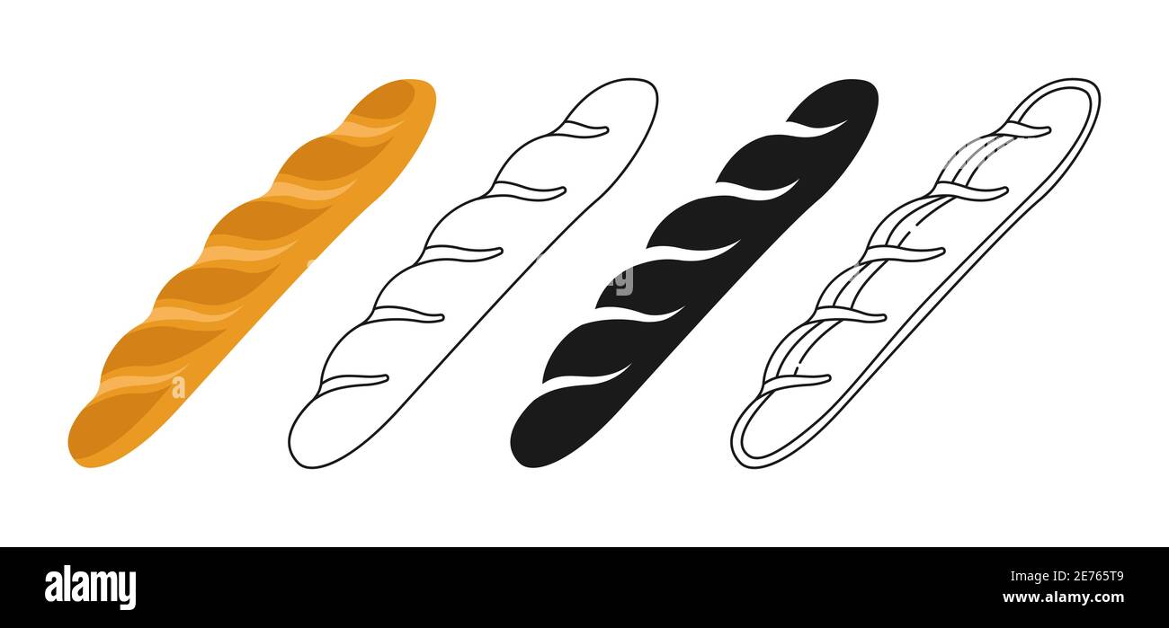 French baguette icon, bread line and black glyph, cartoon sign set ...