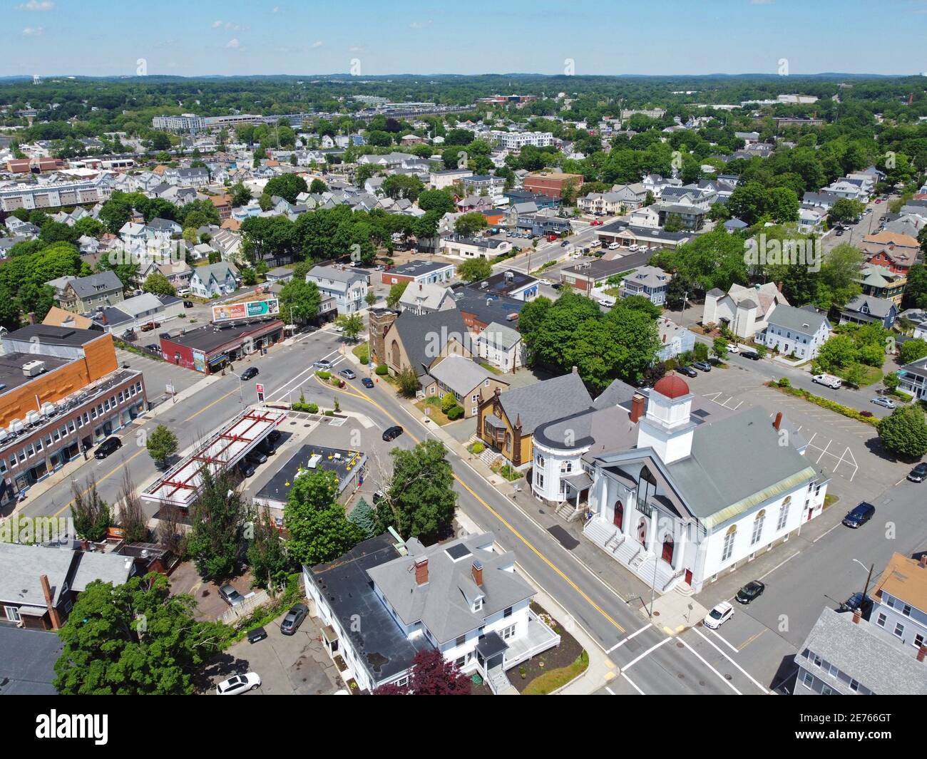 Aerial view of Historic buildings on Cabot Street in historic city ...