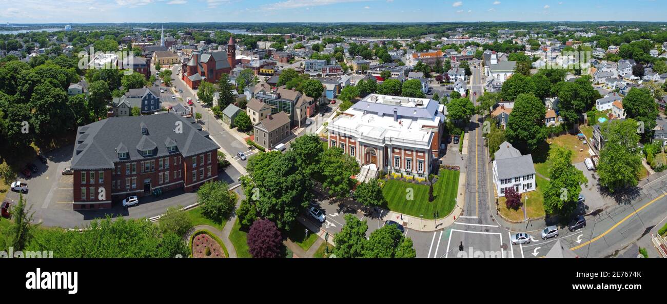 Beverly Public Library aerial view panorama at 32 Essex Street with Cabot Street at the background in historic city center of Beverly, Massachusetts M Stock Photo