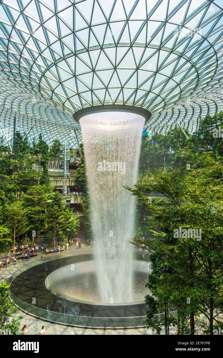 SINGAPORE, 27 SEPTEMBER 2019: The biggest indoor waterfall in the world in Jewel Changi Airport Stock Photo