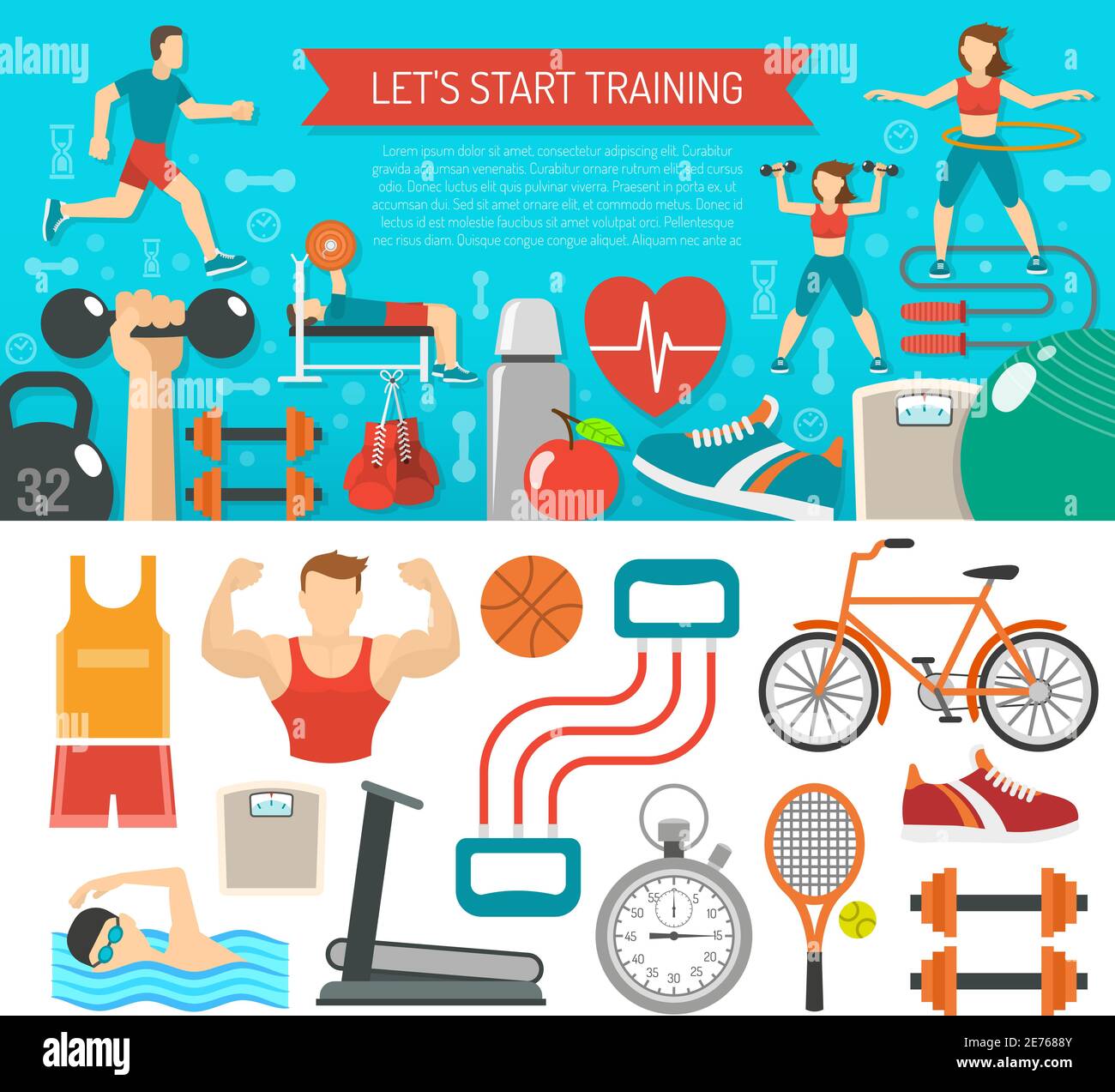 Fitness banner horizontal set with sport equipments flat isolated vector illustration Stock Vector