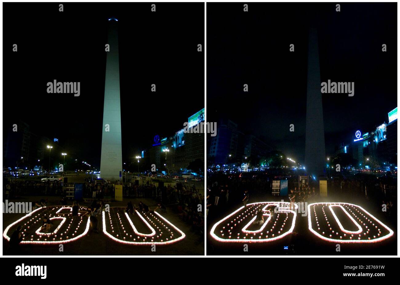 A combination photo shows the Buenos Aires' Obelisk before (L) and during  Earth Hour March 27, 2010. Earth Hour, when everyone around the world is  asked to turn off lights for an