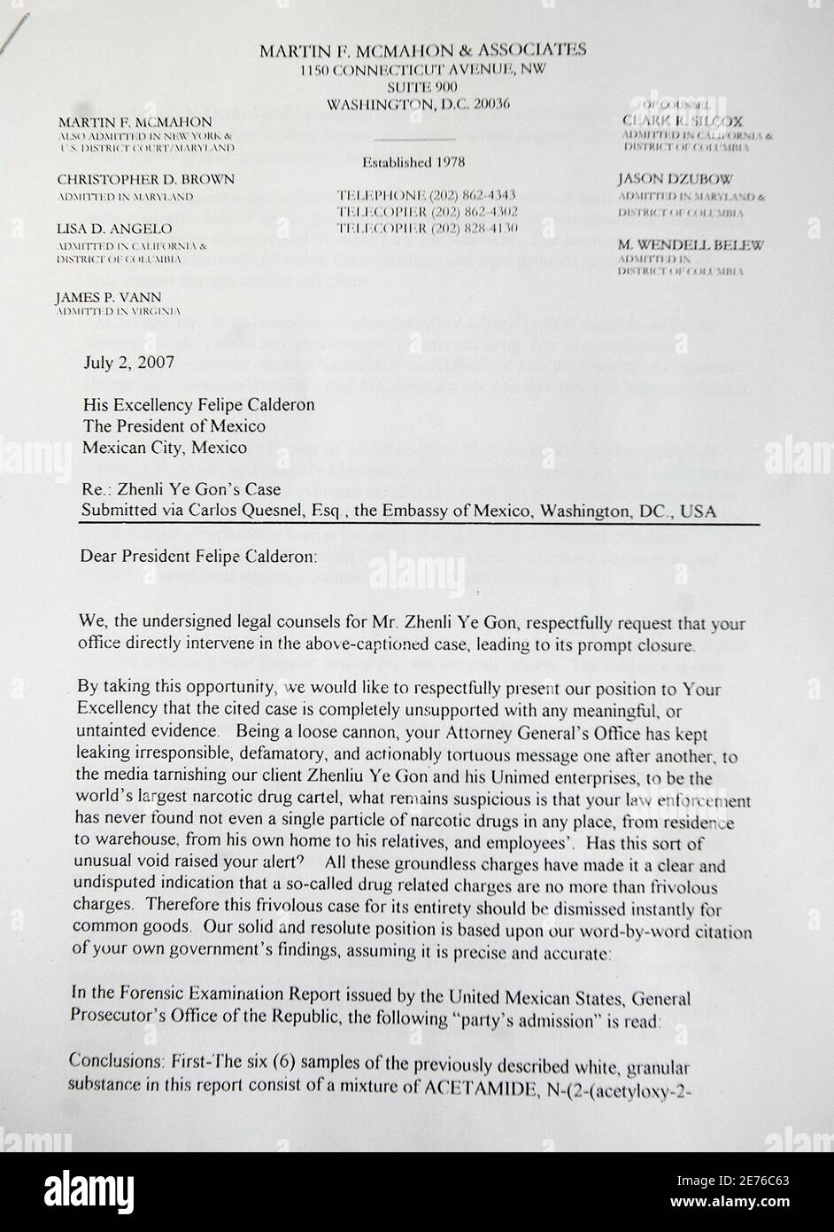 A Letter Written By Lawyers Representing Businessman Zhenli Ye Gon Addressed To Mexican President Felipe Calderon And Dated July 2 07 Is Shown To The Media During A News Conference In Washington