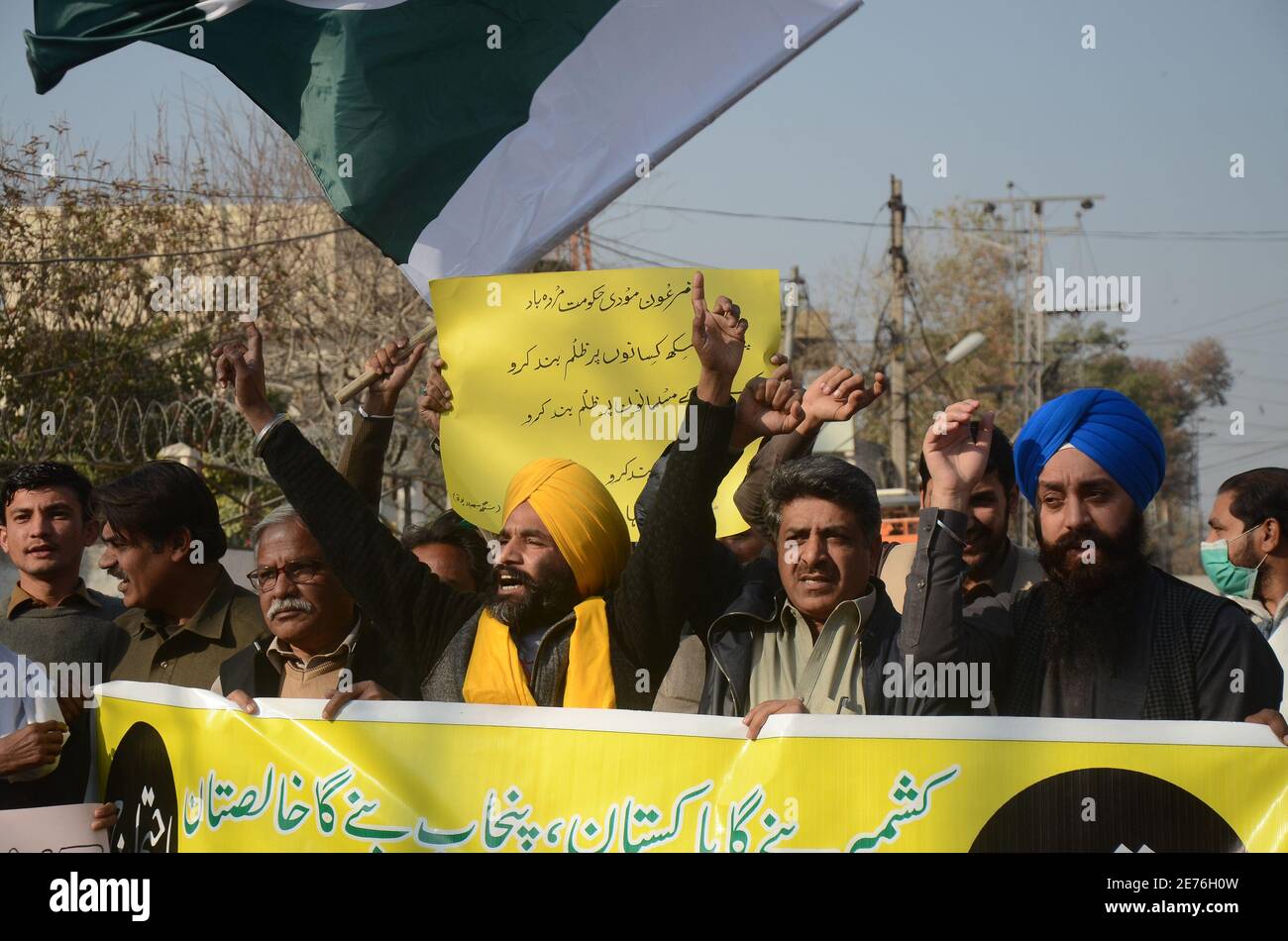 Peshawar, Pakistan. 29th Jan, 2021. Sikh community protesting in front of PPC against Modi government anti farmers measures and riots in India. Effigy of Indian PM Modi was also burnt. (Photo by Hussain Ali/Pacific Press) Credit: Pacific Press Media Production Corp./Alamy Live News Stock Photo