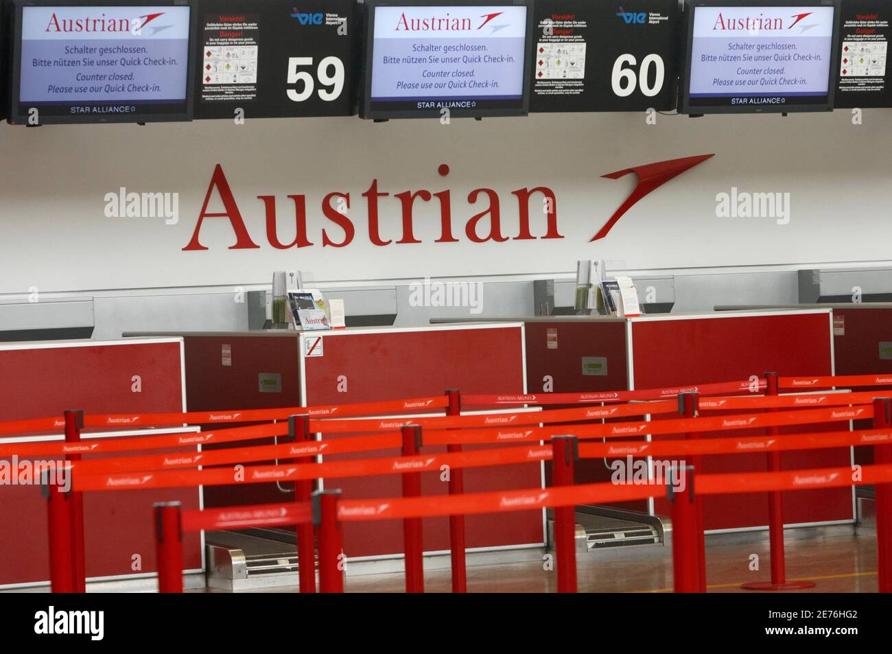 Closed Austrian Airlines checkin counters are pictured at the Vienna