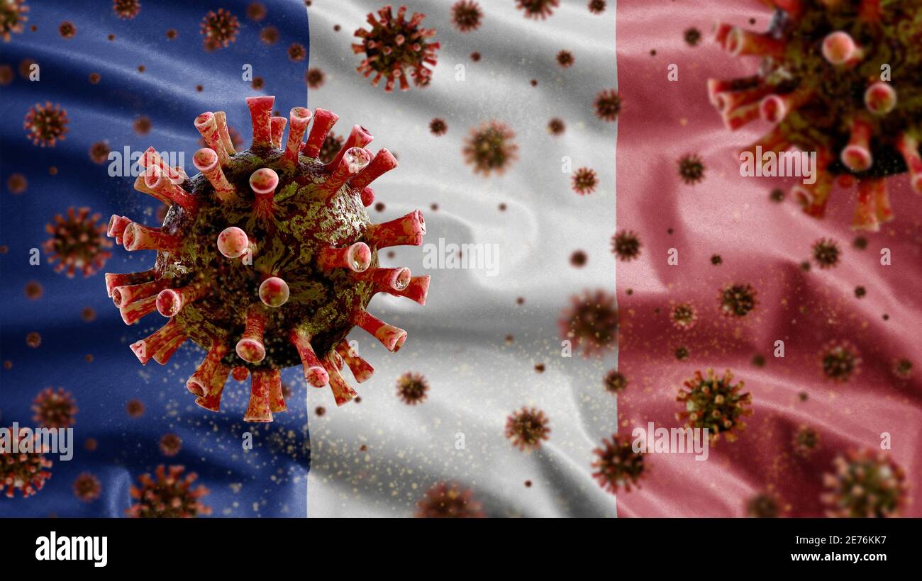 Flu coronavirus floating over French flag, a pathogen that attacks the respiratory tract. France banner waving with pandemic of Covid19 virus infectio Stock Photo