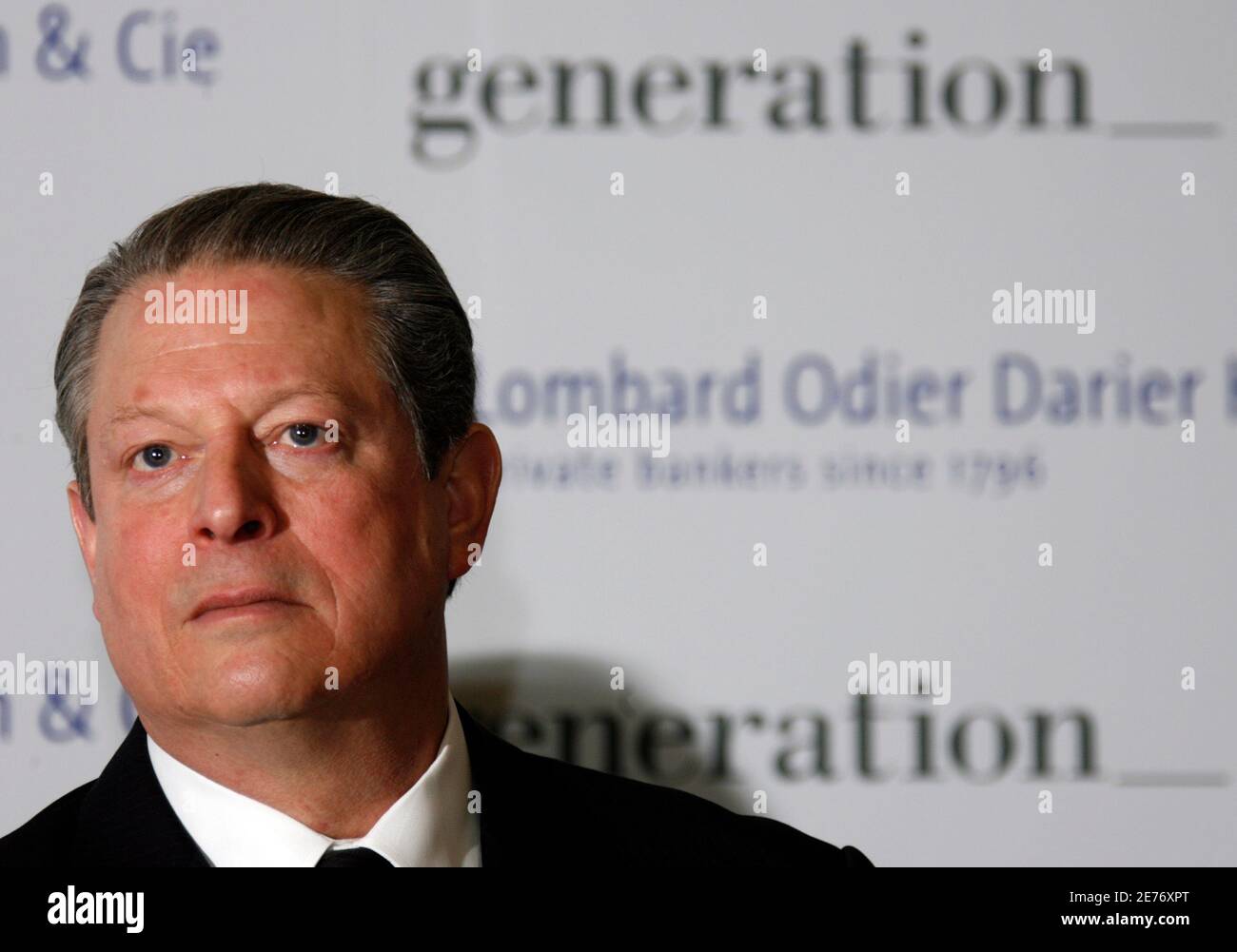 Al Gore, Nobel Peace Prize winner and Chairman of Generation Investment Management attends a news conference with Lombard Odier Darier Hentsch (LODH) Private Bank at Cointrin airport in Geneva March 11, 2008. LODH and Generation Investment Management have decided to join forces to promote sustainable investment. REUTERS/Denis Balibouse   (SWITZERLAND) Stock Photo