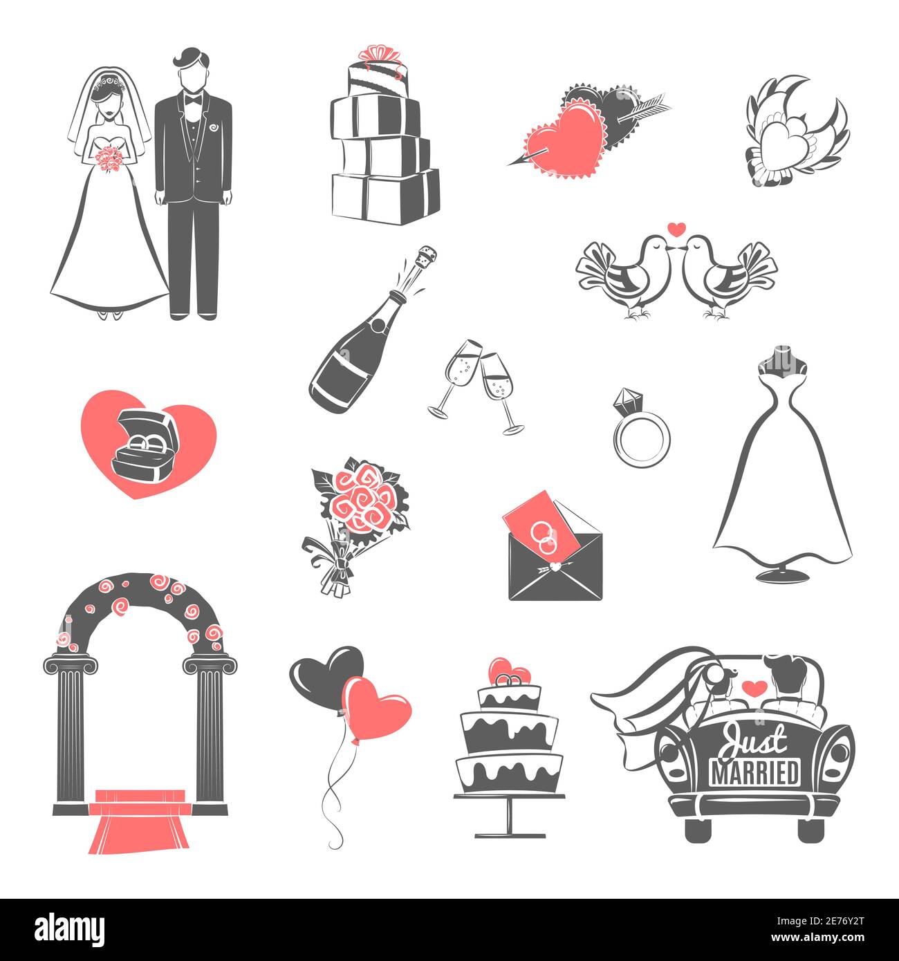 Traditional wedding two colors icons set with engaged couple and bridal party accessories abstract isolated vector illustration Stock Vector