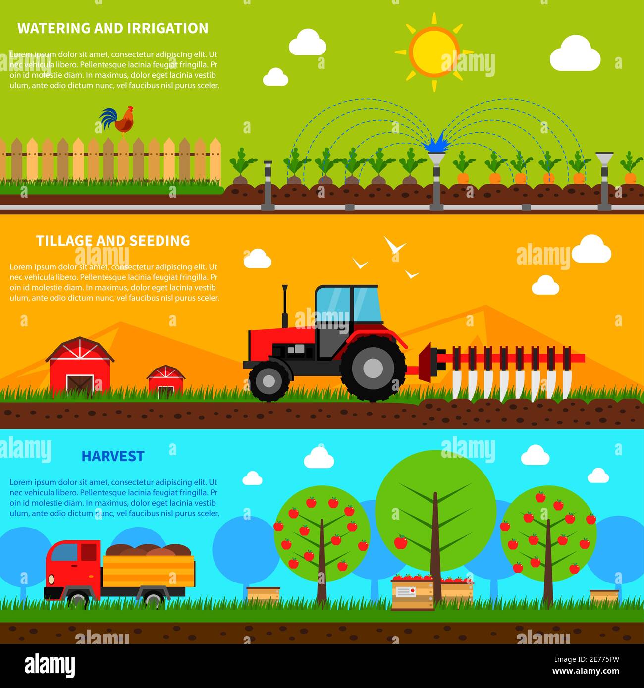 Farming horizontal banner set with watering and seeding elements ...