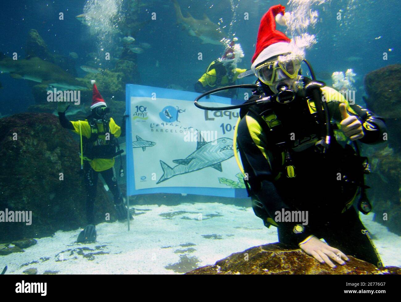 FC Barcelona's player Lionel Messi (R) of Argentina gestures from inside a tank at the Barcelona Aquarium while wearing a Santa Claus' hat in Barcelona December 19, 2005. The aquarium celebrates its anniversary each year with a sport or celebrity personality. The banner in the background reads 'Ten years with you' in celebration of the aquarium's ten year anniversary. REUTERS/Gustau Nacarino Stock Photo