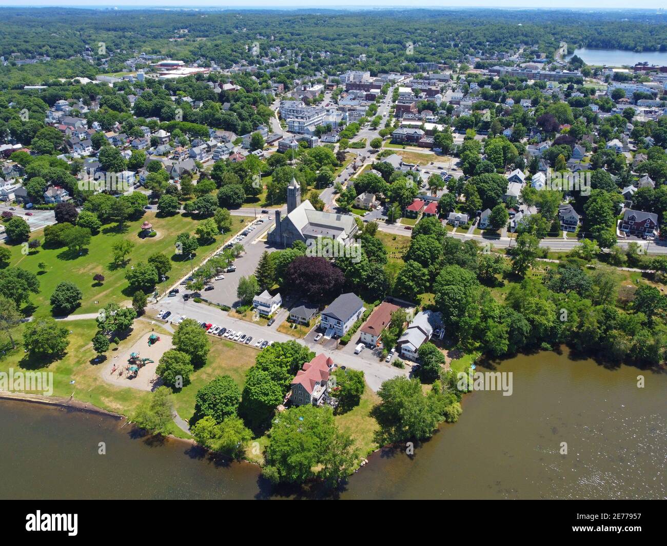 Wakefield historic town center aerial view on Main Street in Wakefield