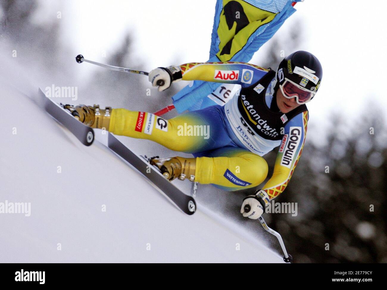 Nike Bent of Sweden speeds down during women's Alpine Ski World Cup  downhill training in Bad Kleinkirchheim January 12, 2006. Sylviane Berthod  of Switzerland clocked best time in one minute 38.09 seconds