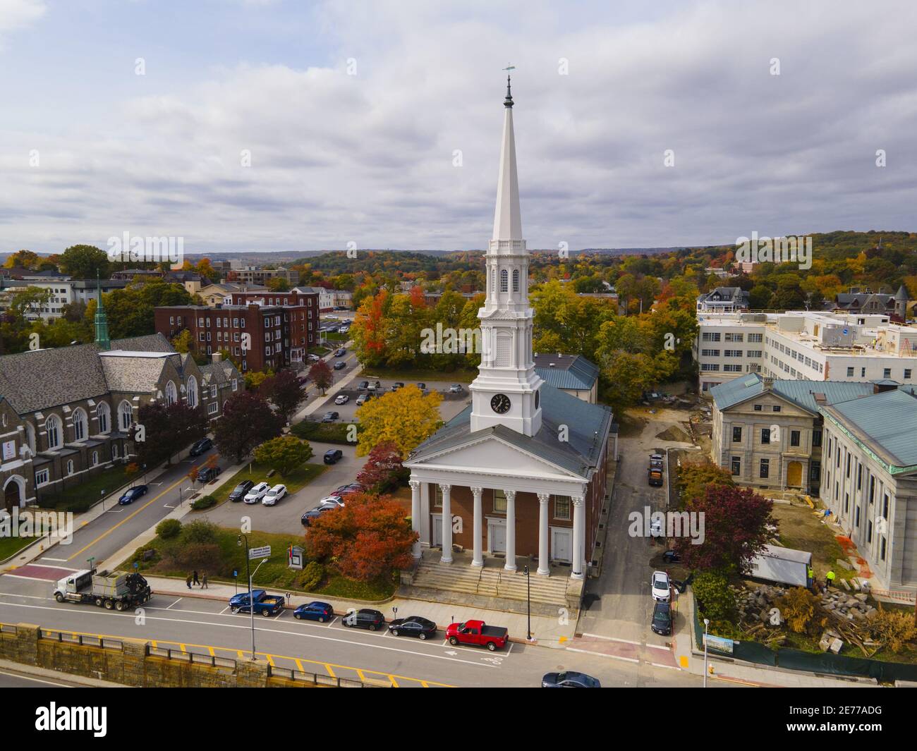 First Unitarian Church aerial view at 90 Main Street in historic