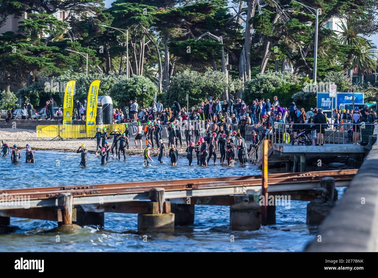 Melbourne, Australia. 17th Jan, 2021. Triathletes congregating on the  shores during the 2XU Triathlon Series 2021, Race 1 at St Kilda Beach.  Credit: SOPA Images Limited/Alamy Live News Stock Photo - Alamy