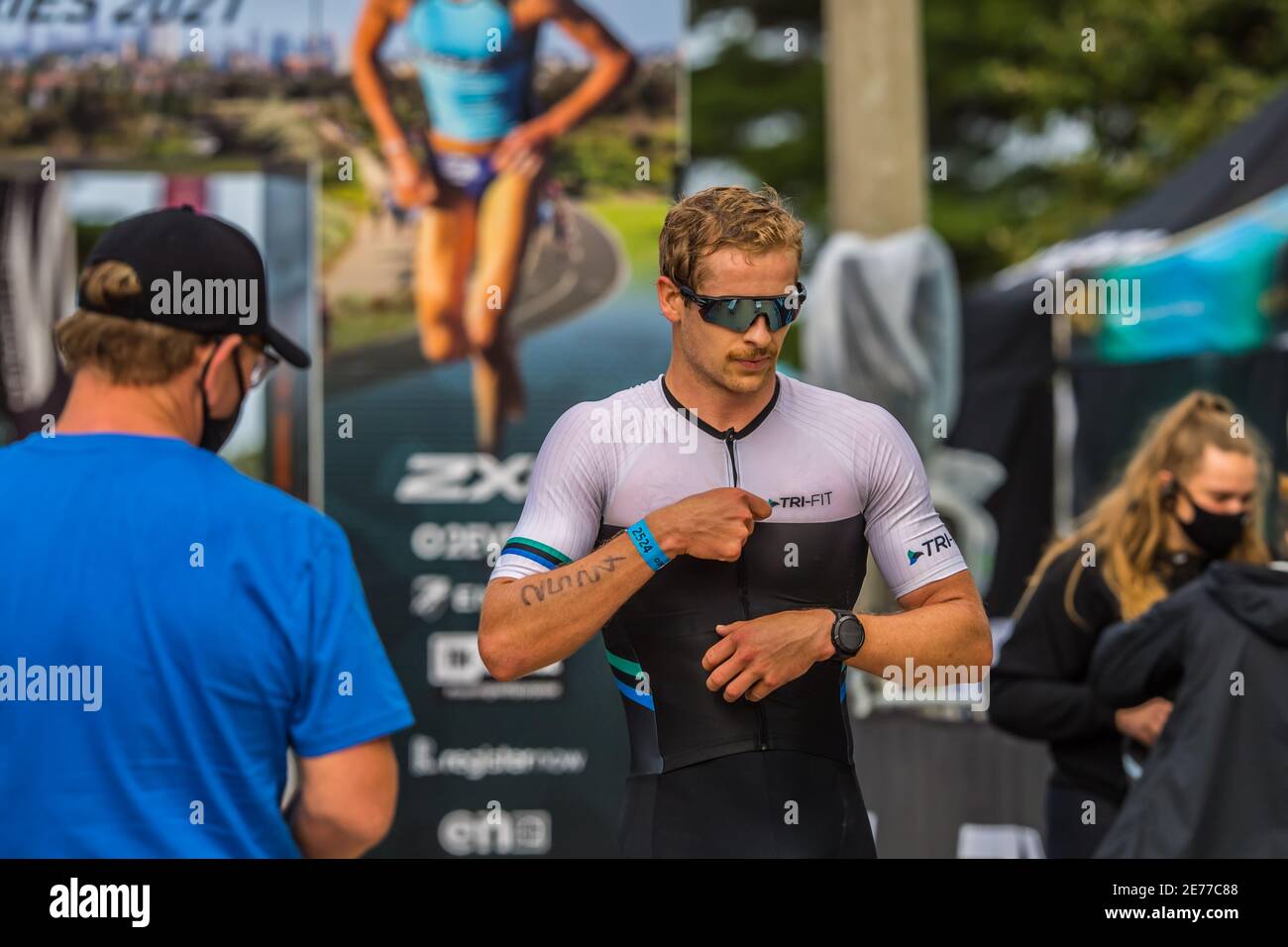 Melbourne, Australia. 17th Jan, 2021. Jeremy Robinson - a runner up of the  Olympic Distance race seen at the finishing line of the competition during  the 2XU Triathlon Series 2021, Race 1