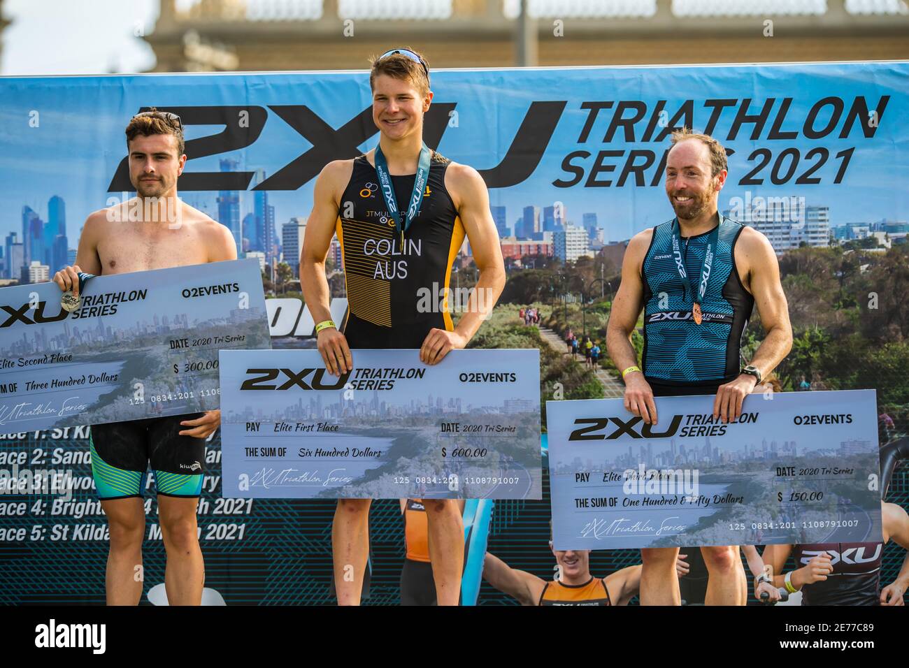 Melbourne, Australia. 17th Jan, 2021. Elite Men's race winners seen on the  podium with medals and prizes (L-R) Cassidy Shaw, Yoann Colin and Jeremy  Drake during the 2XU Triathlon Series 2021, Race