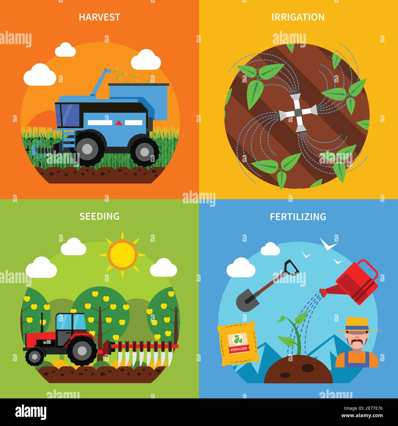 Agriculture design concept set with harvest and irrigation flat icons isolated vector illustration Stock Vector