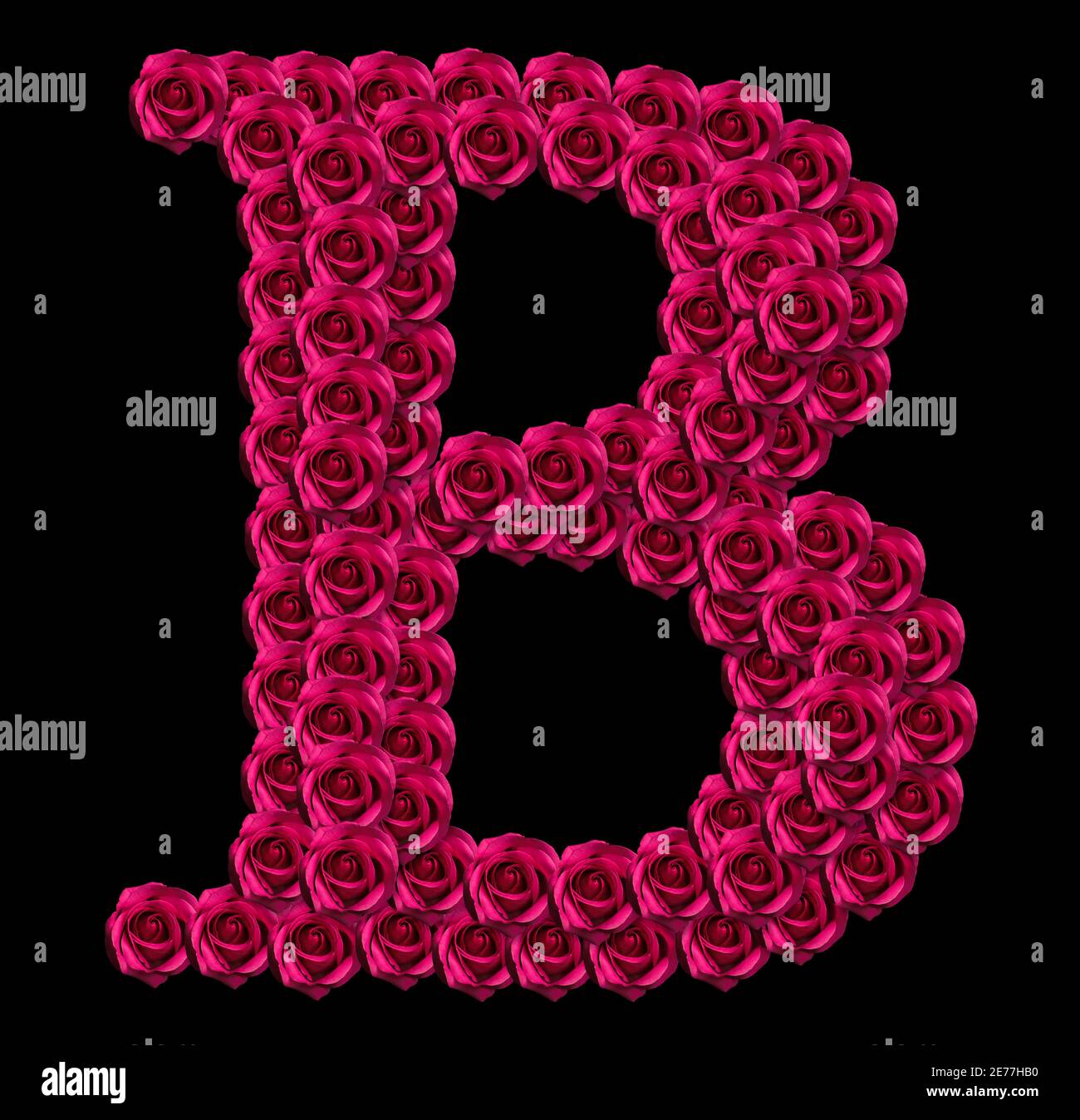 romantic concept image of a capital letter B made of red roses. Isolated on black background. Design element for love or valentines themes Stock Photo