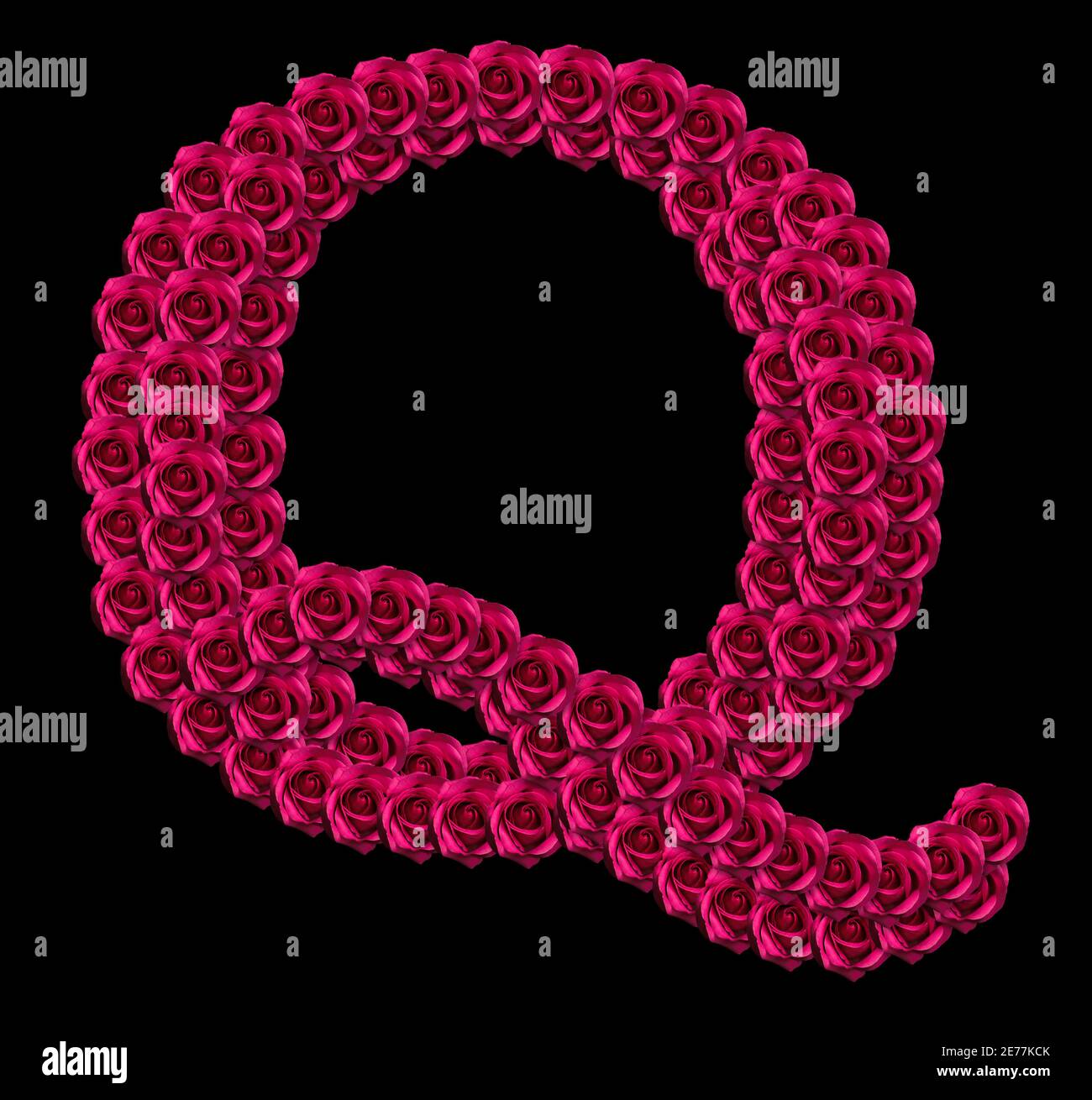 romantic concept image of a capital letter Q made of red roses. Isolated on black background. Design element for love or valentines themes Stock Photo