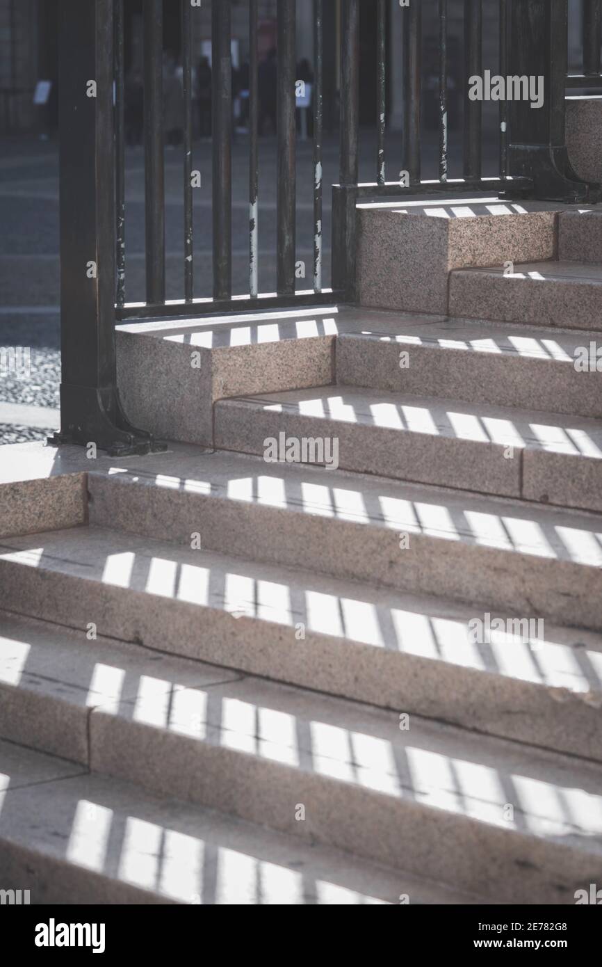 Gray shadows on the stairs from the sun, Industrial technology concept. Stock Photo
