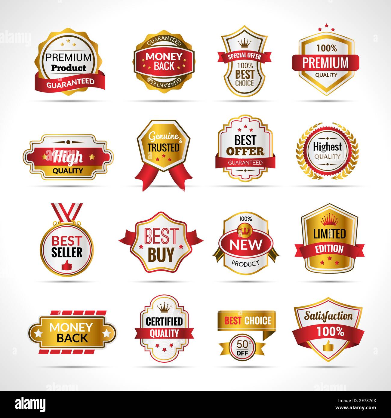 Luxury labels best price gold and red set isolated vector illustration