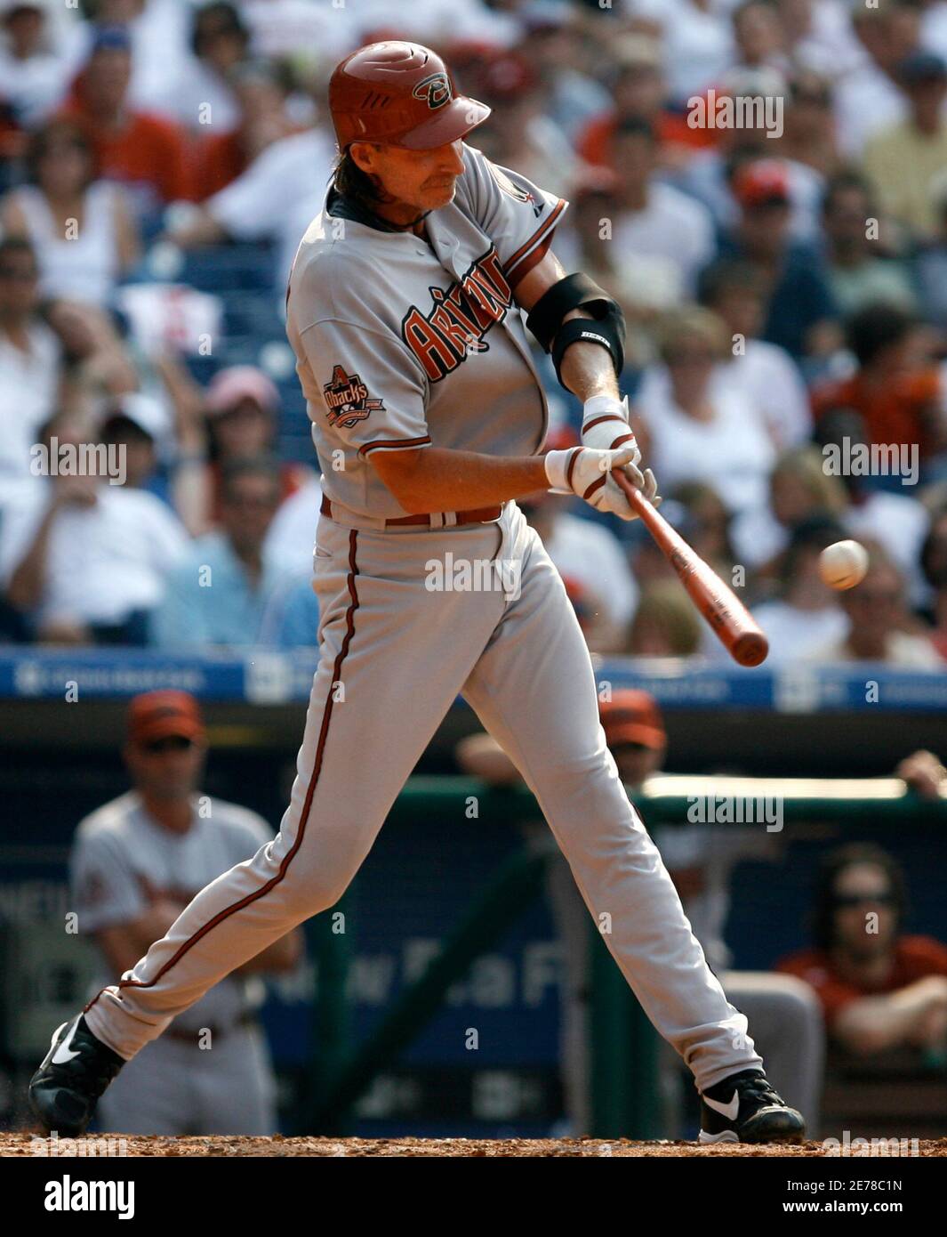 Arizona Diamondbacks Randy Johnson hits a two RBI double against the  Philadelphia Phillies during the fourth inning of MLB National League  baseball game action in Philadelphia, Pennsylvania, July 12, 2008.  REUTERS/Tim Shaffer (