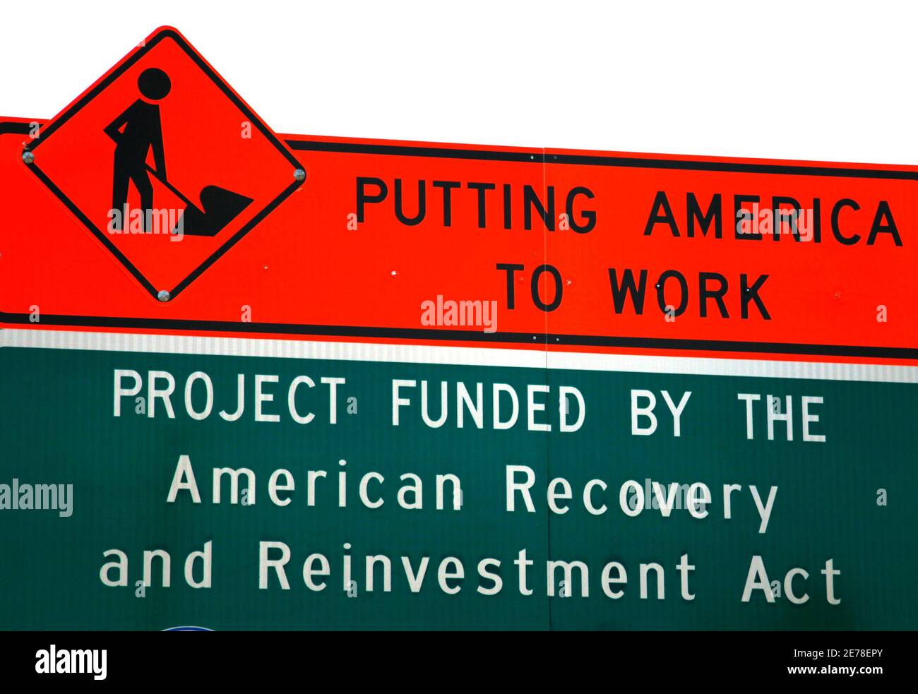 A sign announces a section of road work funded by the American Recovery and Reinvestment Act U.S. economic stimulus plan in the Denver area September 10, 2009. The White House Council of Economic Advisers said that the $787 billion stimulus package enacted earlier this year had created as many as 1.1 million jobs by the third quarter.  REUTERS/Rick Wilking (UNITED STATES BUSINESS SOCIETY) Stock Photo