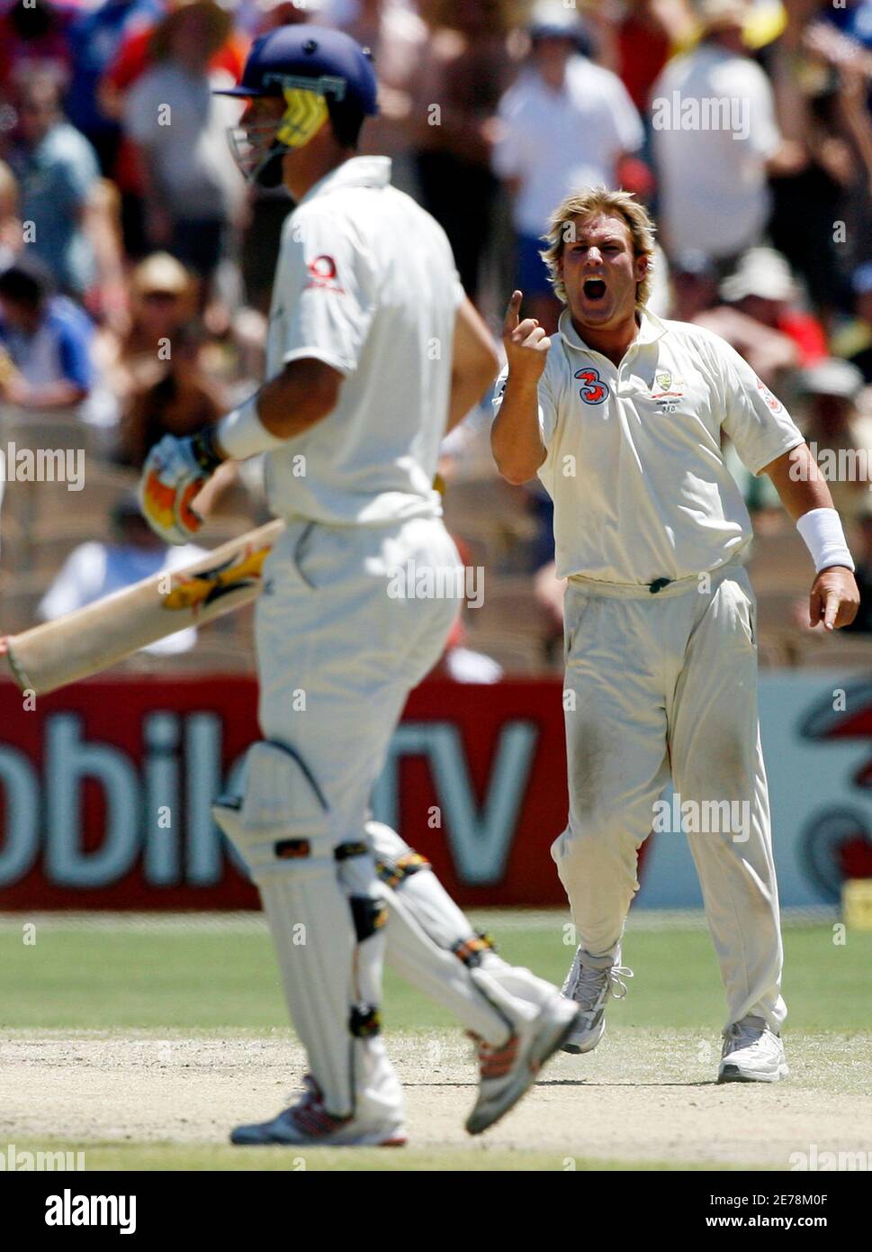 Australia S Shane Warne R Reacts After Bowling England S Kevin Pietersen L For Two Runs During The Fifth Day S Play Of The Second Ashes Cricket Test At The Adelaide Oval December 5 06