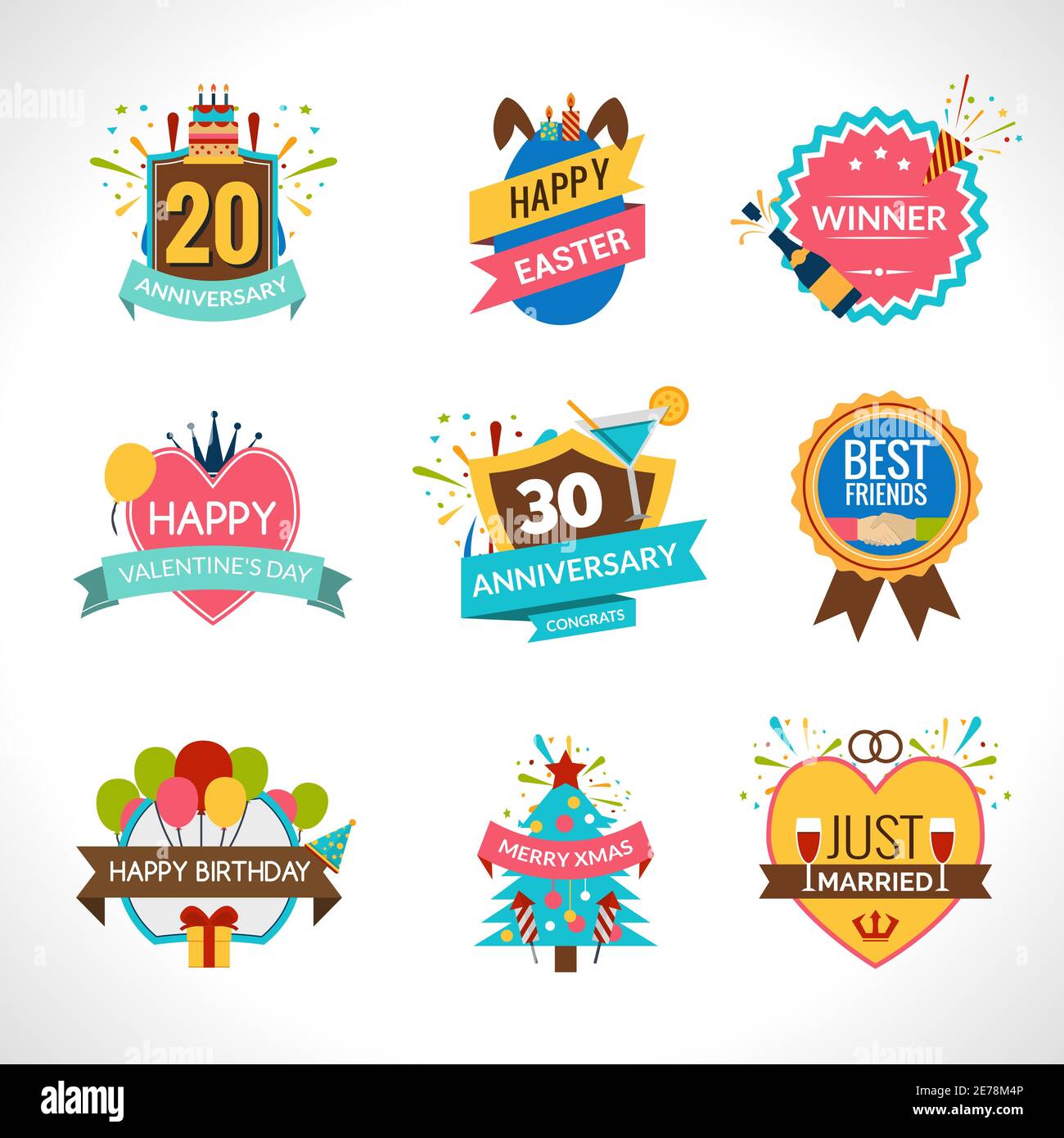 Celebration festives holidays and anniversaries emblems set isolated vector illustration Stock Vector