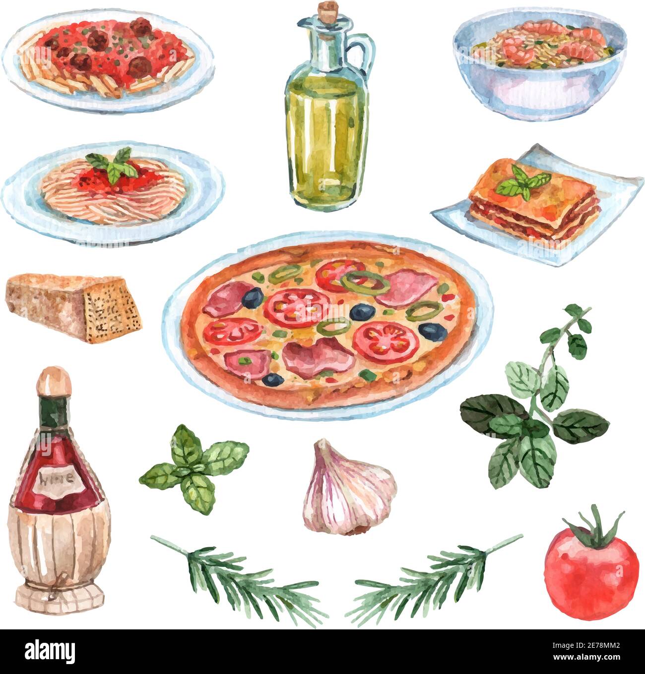Italian food watercolor set with pizza pasta and wine isolated vector