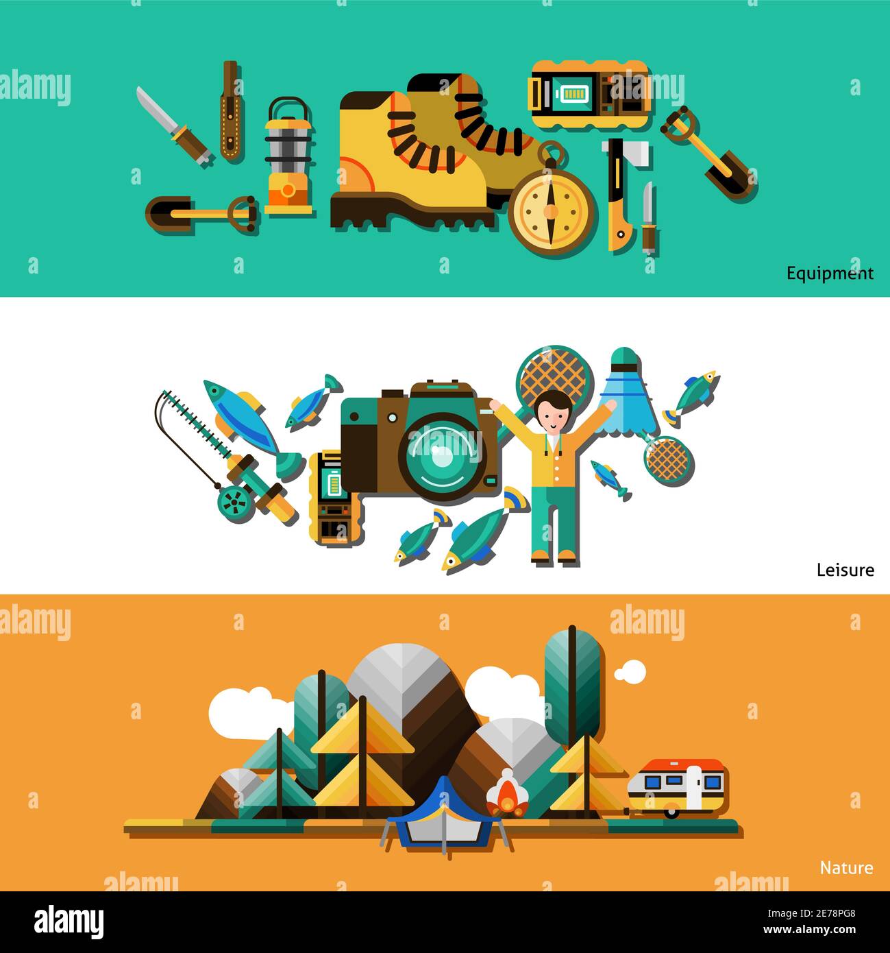 Camping and nature horizontal banners set with equipment and leisure flat isolated vector illustration Stock Vector