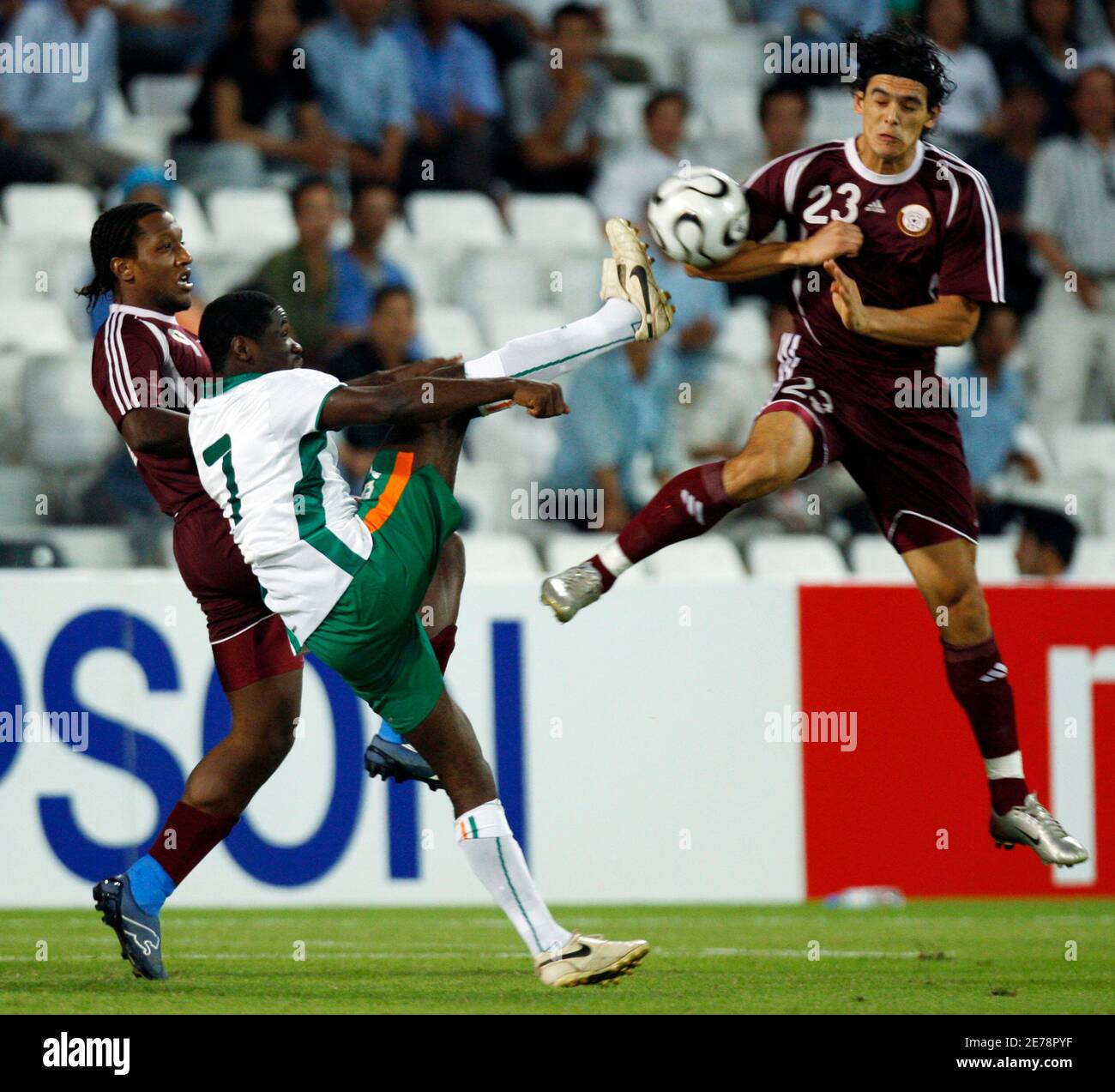 Qatar S Said Ali L And Sebastian Soria R Fights For The Ball With Ivory Coast S Emerse Fae During Their Friendly Soccer Match In Doha November 21 07 Reuters Fadi Al Assaad Qatar Stock Photo Qatar S Said Ali L And Sebastian Soria R Fights For The Ball With Ivory Coast S Emerse Fae During Their Friendly Soccer Match In Doha November 21 07 Reuters Fadi Al Assaad Qatar Stock Photo
