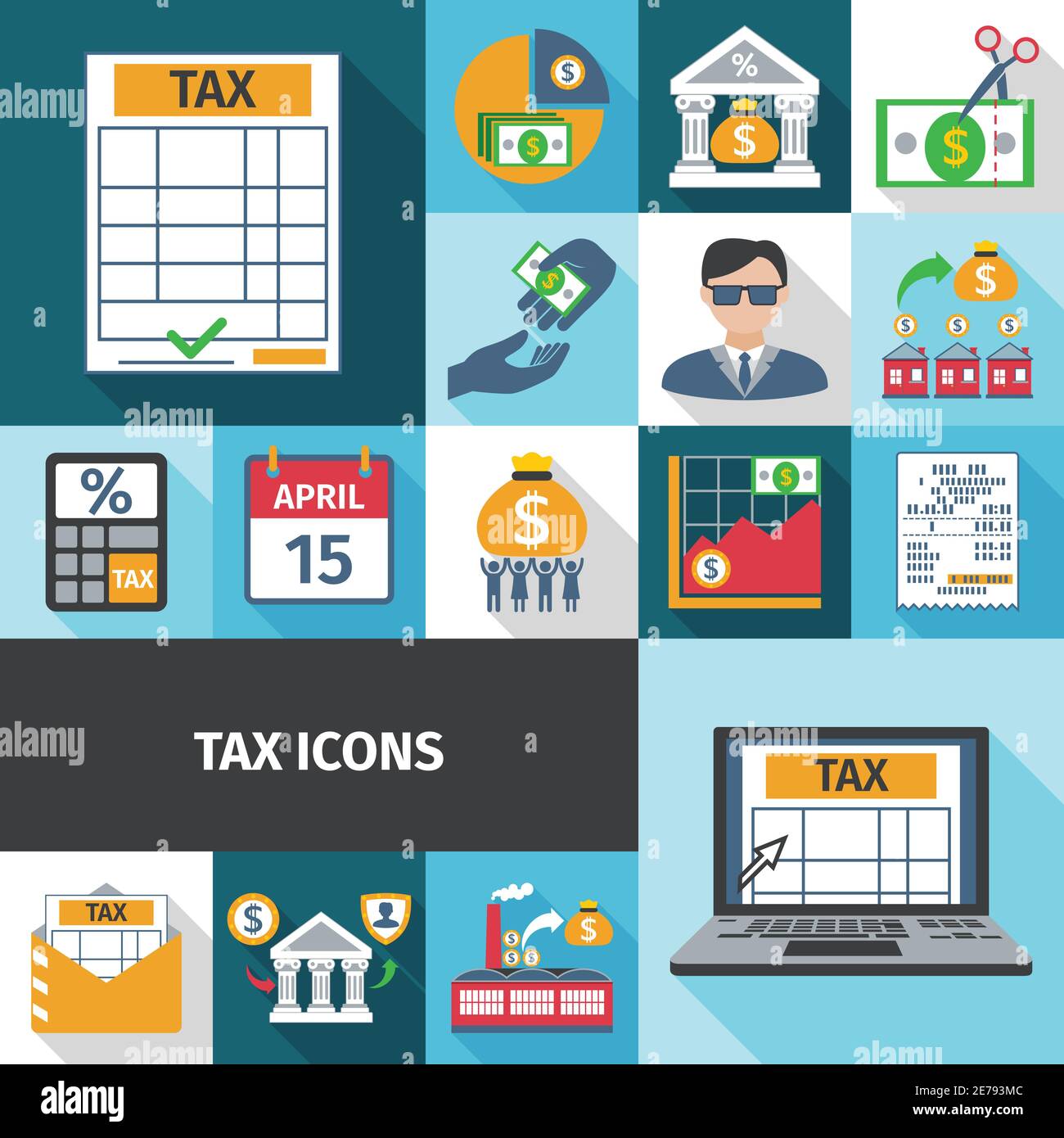 Tax charge fees and payment date flat color long shadows icon set isolated vector illustration Stock Vector