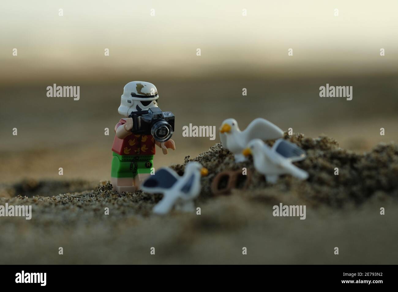 Indonesia, Sep 01 2018. Lego starwars, stormtrooper on vacation, take photo of seagulls. Lego minifigures are manufactured by The Lego Group Stock Photo