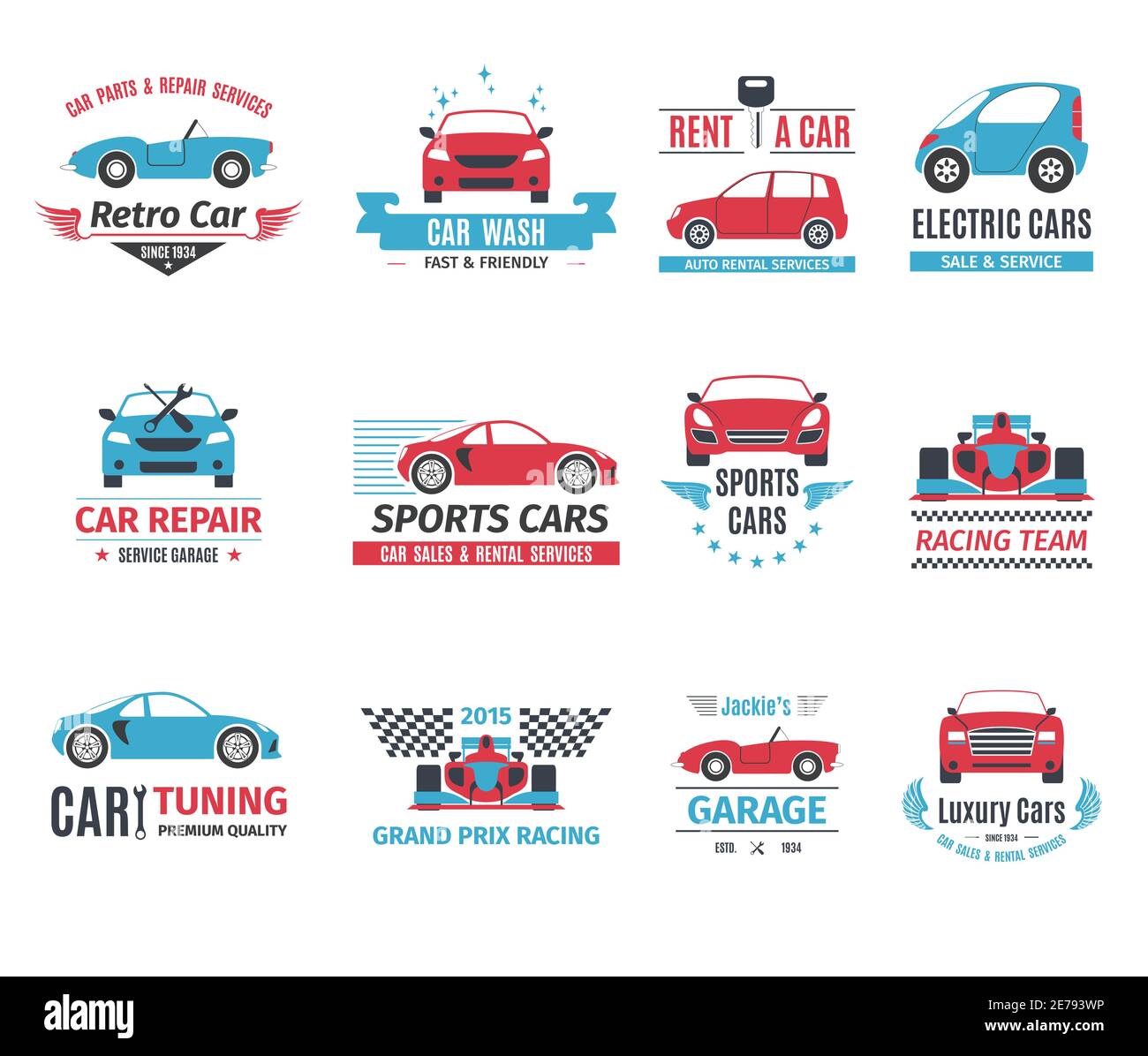 Car repair service rent and wash logo set isolated vector illustration
